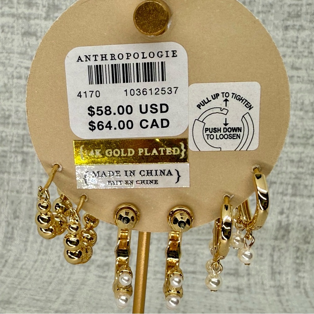 NWT Anthropologie 14k Gold Plated Mini Pearl Hoop Earring, Set of 3 - Picture 4 of 5